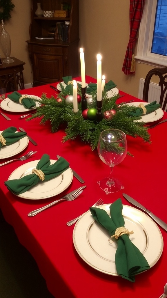 Simple Christmas Table Settings Ideas A festive Christmas table setting with red tablecloth, white dinnerware, and green napkins, decorated with candles and pine branches.